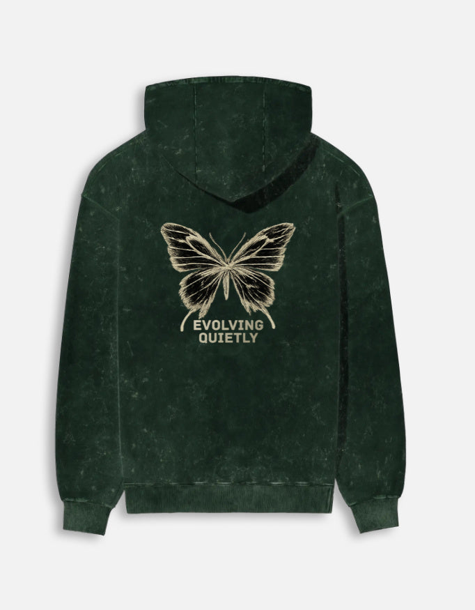 Evolving Quietly- Acid Washed Hoodie hoodie oversized fit acid washed cotton fabric heavyweight fabric printed design detail view by HAViT Apparel