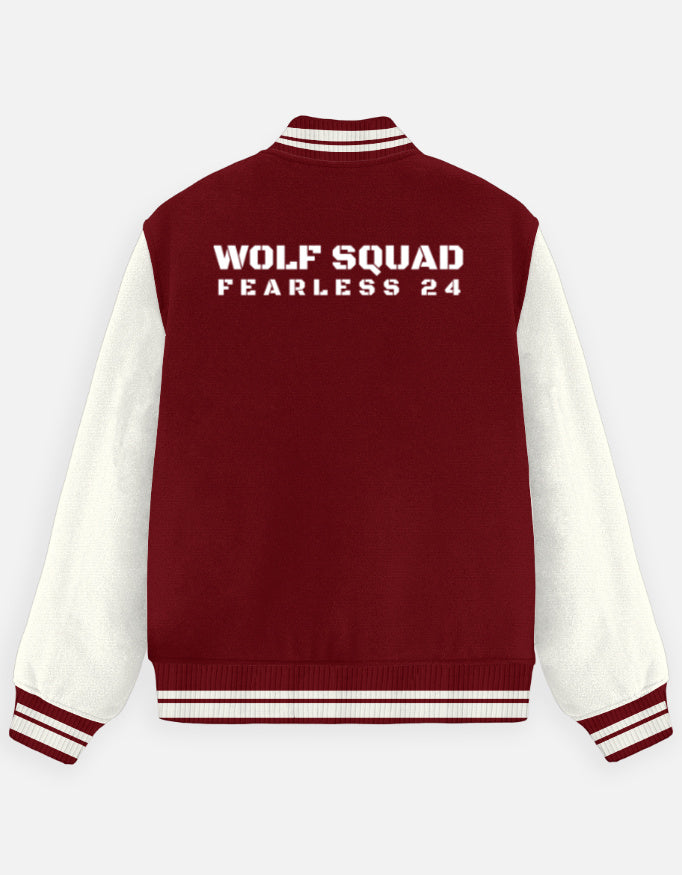 Wolf Squad Varsity Jacket – Fearless 24 jacket regular fit cotton fabric heavyweight fabric graphic print printed design detail view by HAViT Apparel
