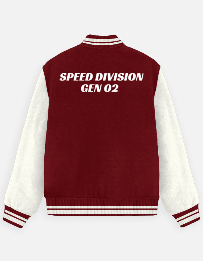 Motorsport Crew Varsity Jacket – Street Racer jacket cotton fabric heavyweight fabric graphic print detail view by HAViT Apparel