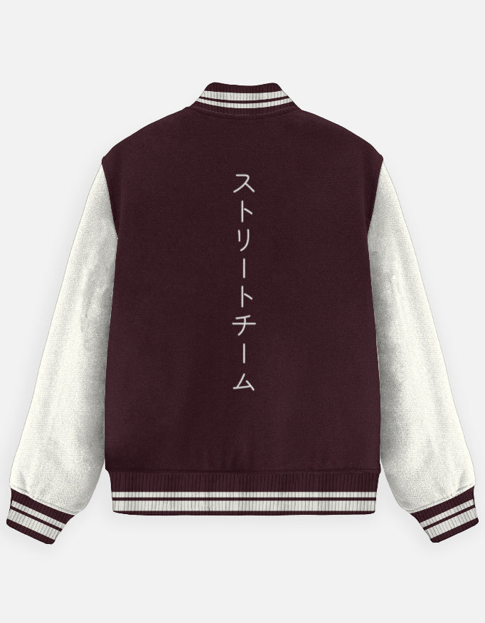 Kanji Crew Varsity Jacket – Street Team Edition jacket cotton fabric heavyweight fabric graphic print detail view by HAViT Apparel
