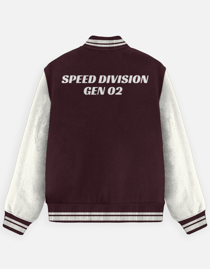 Motorsport Crew Varsity Jacket – Street Racer jacket cotton fabric heavyweight fabric graphic print detail view by HAViT Apparel