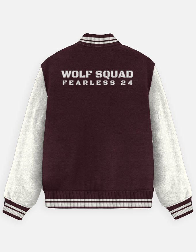 Wolf Squad Varsity Jacket – Fearless 24 jacket regular fit cotton fabric heavyweight fabric graphic print printed design detail view by HAViT Apparel