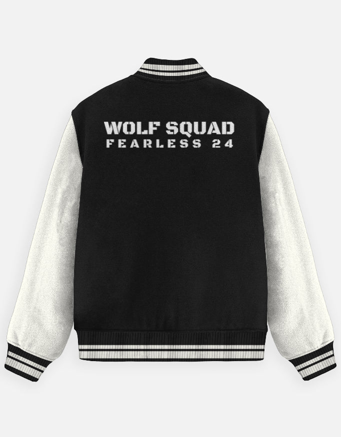 Wolf Squad Varsity Jacket – Fearless 24 jacket regular fit cotton fabric heavyweight fabric graphic print printed design detail view by HAViT Apparel