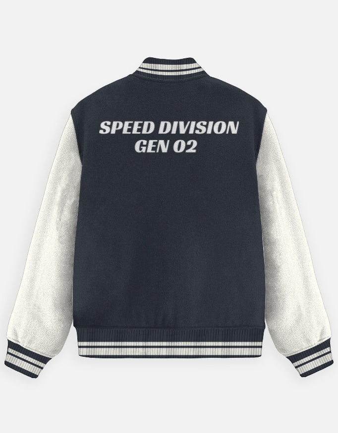 Motorsport Crew Varsity Jacket – Street Racer jacket cotton fabric heavyweight fabric graphic print detail view by HAViT Apparel