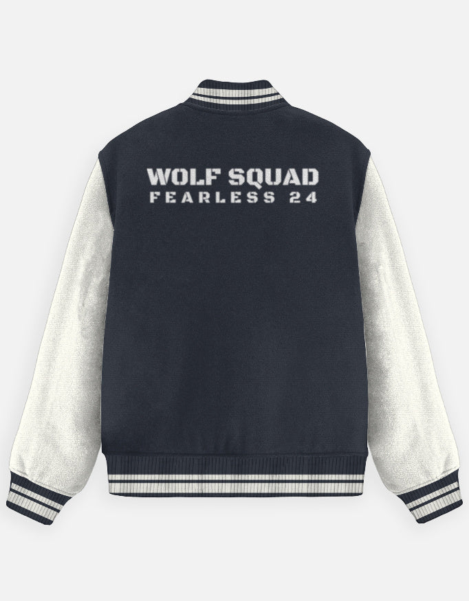 Wolf Squad Varsity Jacket – Fearless 24 jacket regular fit cotton fabric heavyweight fabric graphic print printed design detail view by HAViT Apparel