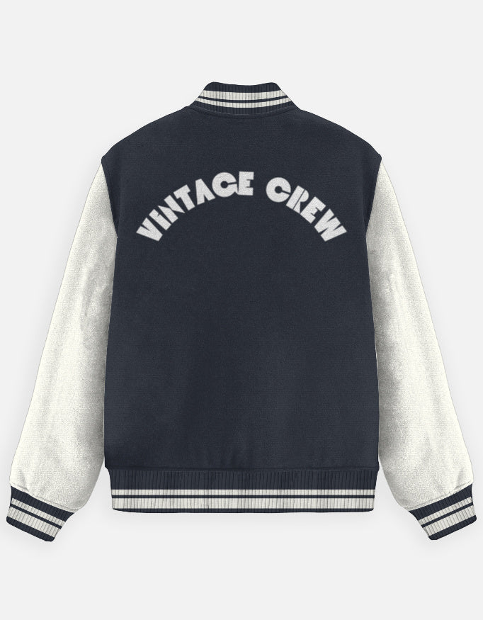 Vintage Crew Varsity Jacket – 90s Inspired jacket cotton fabric heavyweight fabric printed design detail view by HAViT Apparel