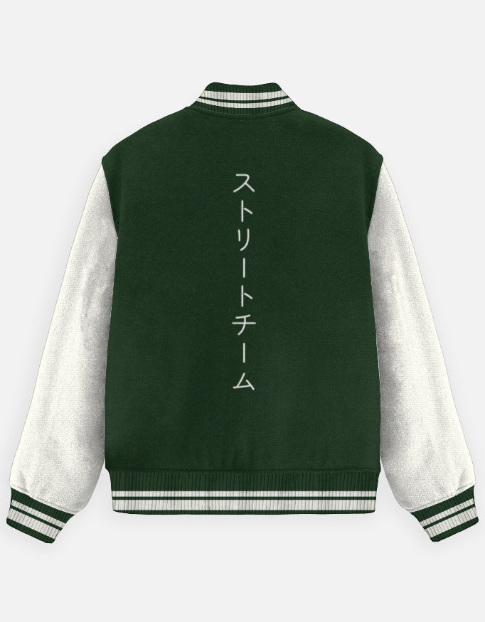 Kanji Crew Varsity Jacket – Street Team Edition jacket cotton fabric heavyweight fabric graphic print detail view by HAViT Apparel