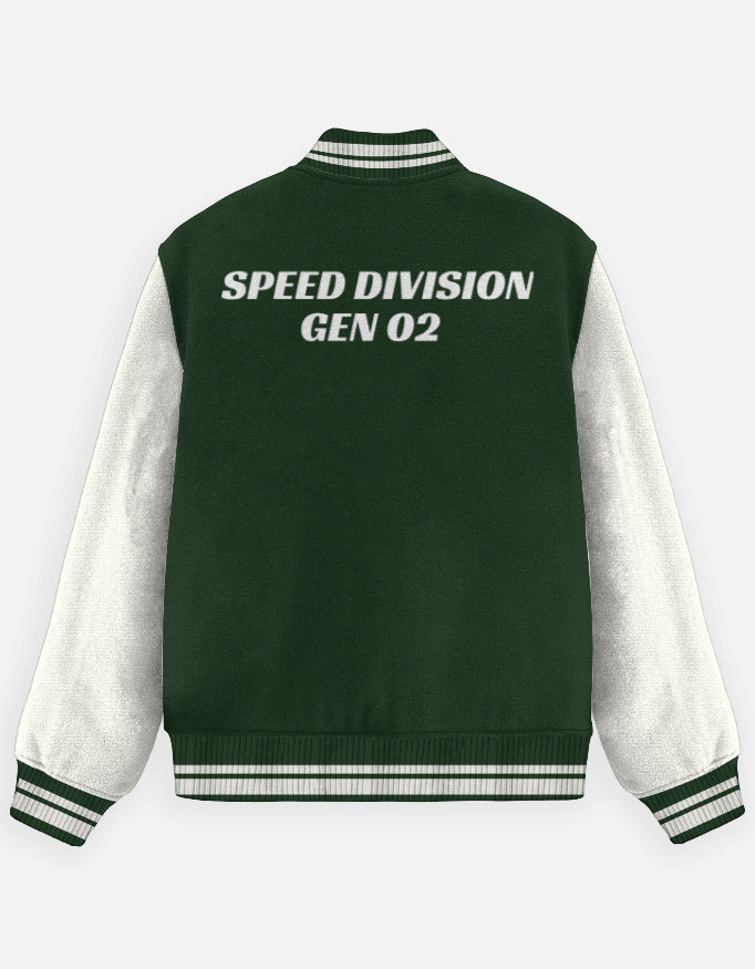 Motorsport Crew Varsity Jacket – Street Racer jacket cotton fabric heavyweight fabric graphic print detail view by HAViT Apparel