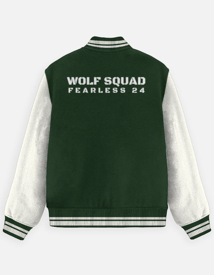 Wolf Squad Varsity Jacket – Fearless 24 jacket regular fit cotton fabric heavyweight fabric graphic print printed design detail view by HAViT Apparel