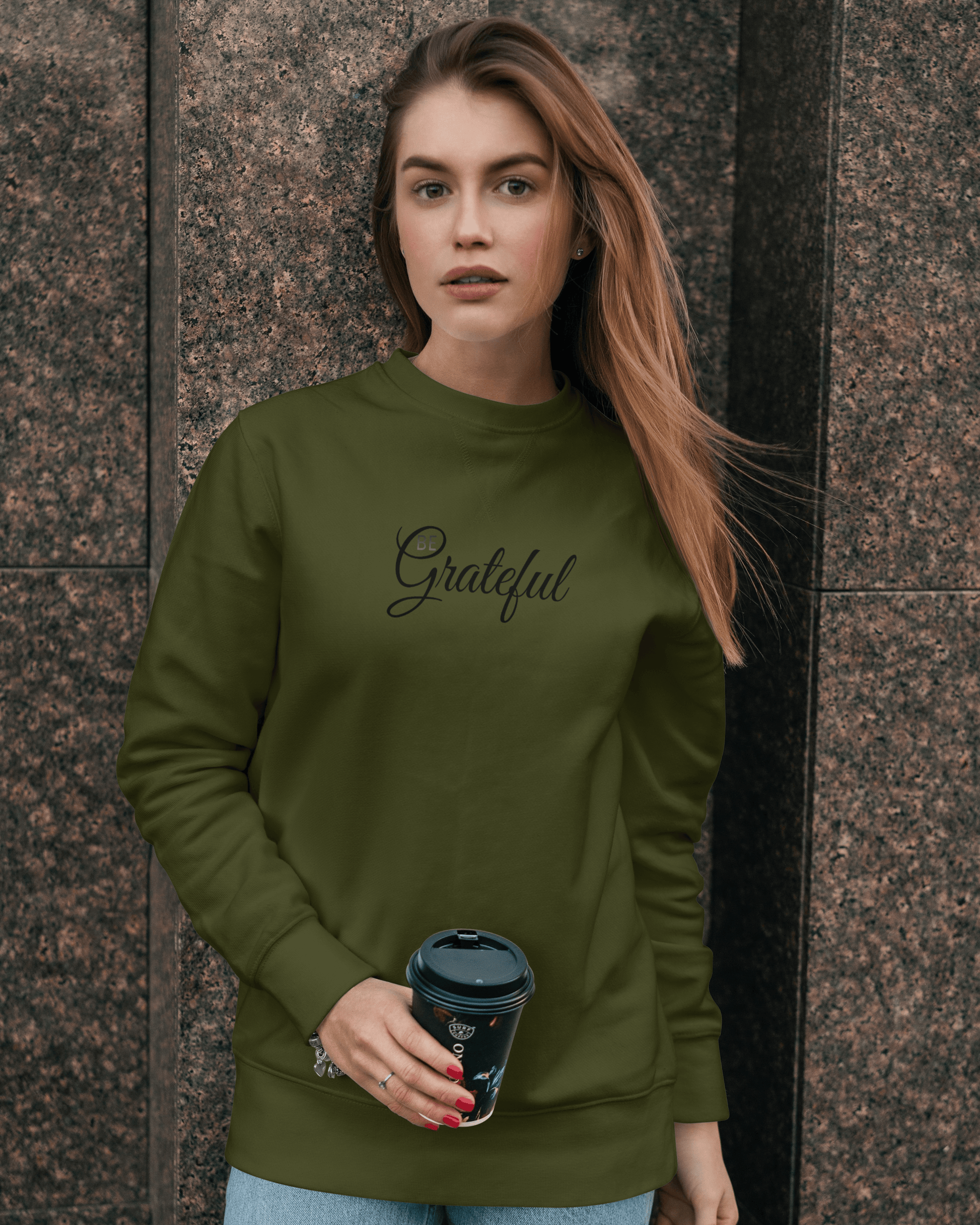 Be Grateful Sweatshirt sweatshirt regular fit cotton fabric heavyweight fabric printed design detail view by HAViT Apparel