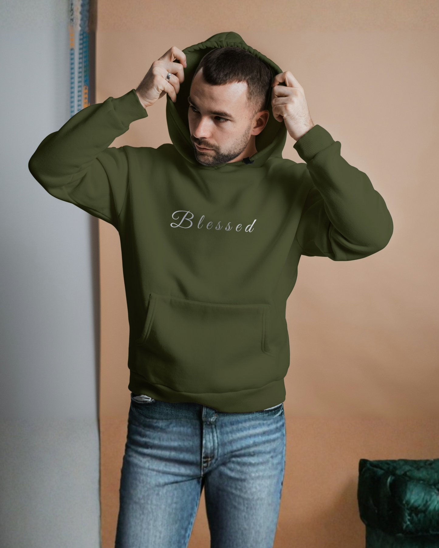 Blessed Hoodie – Minimal Lifestyle Edition hoodie regular fit cotton fabric heavyweight fabric printed design detail view by HAViT Apparel