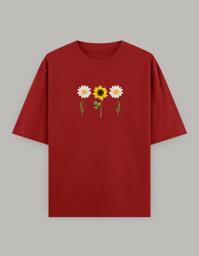 Sunny Daisy Floral Oversized Tee t-shirt oversized fit cotton fabric heavyweight fabric printed design detail view by HAViT Apparel