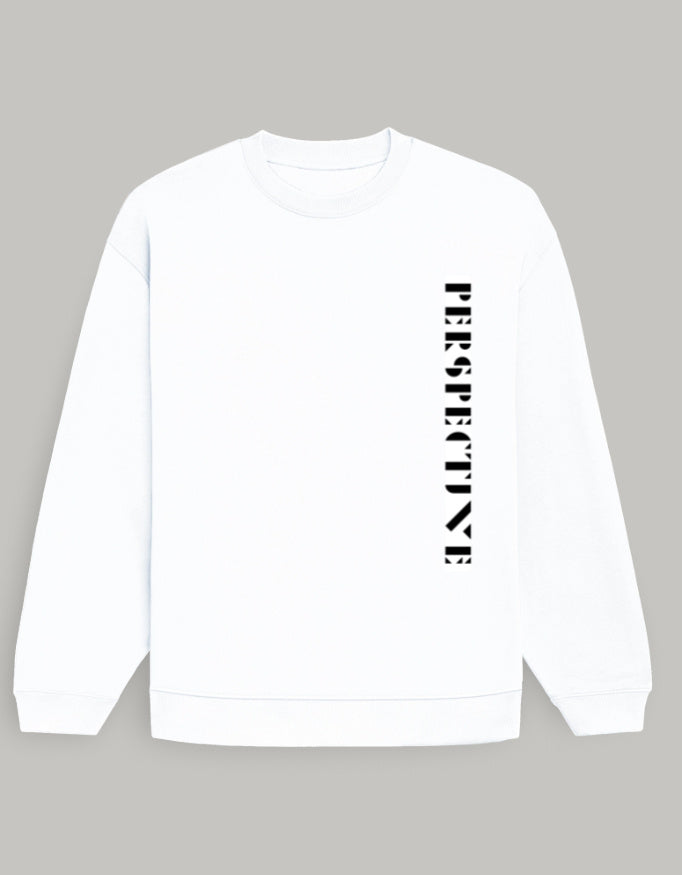 Oversized Men's Sweatshirt – Vertical Perspective Typography Dark Edition sweatshirt oversized fit cotton fabric heavyweight fabric graphic print printed design detail view by HAViT Apparel