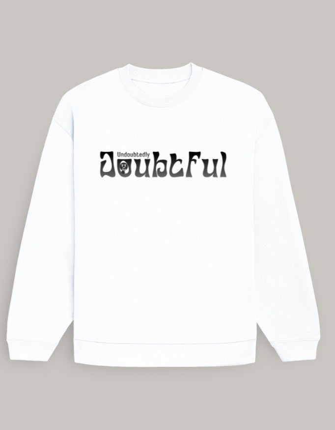 Oversized Men’s Graphic Sweatshirt – Undoubtedly Doubtful Typography sweatshirt oversized fit cotton fabric heavyweight fabric printed design detail view by HAViT Apparel