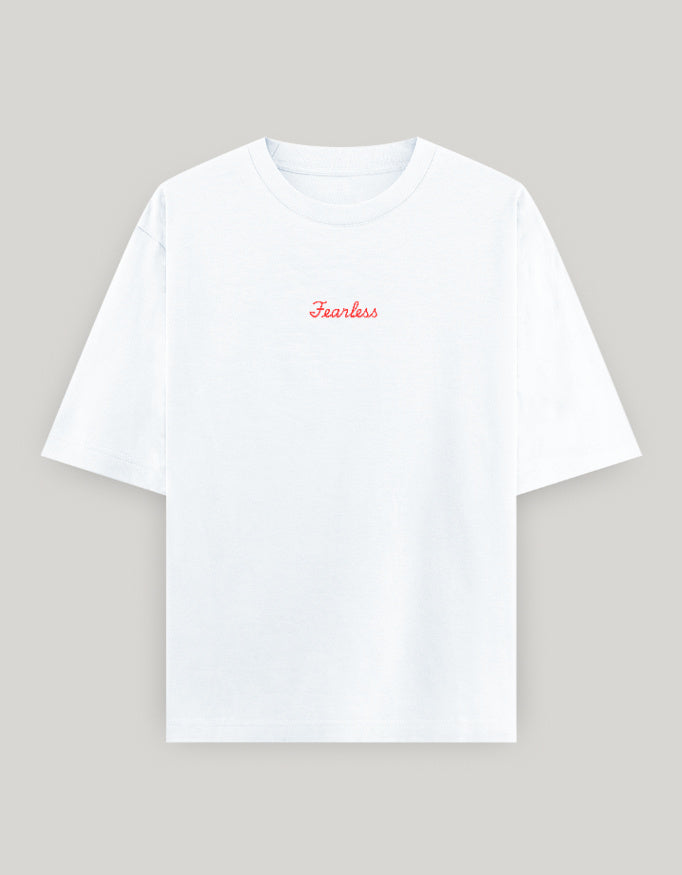 Fearless Attitude Women's Oversized Tee t-shirt oversized fit cotton fabric heavyweight fabric embroidered design detail view by HAViT Apparel