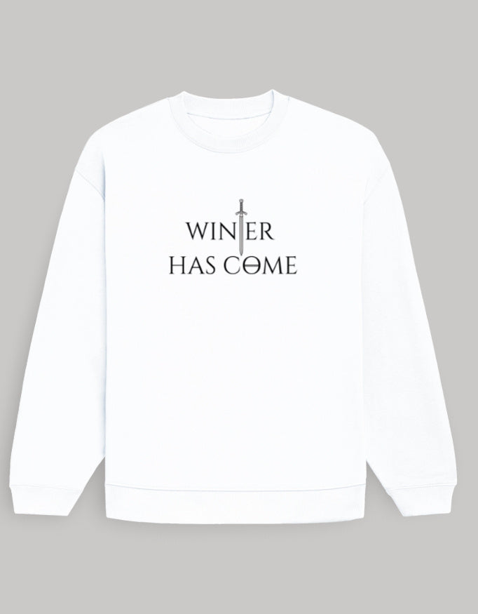 Winter Has Come Dark Edition Men's Oversized Sweatshirt – Cool Winter Graphic sweatshirt oversized fit cotton fabric heavyweight fabric graphic print printed design detail view by HAViT Apparel