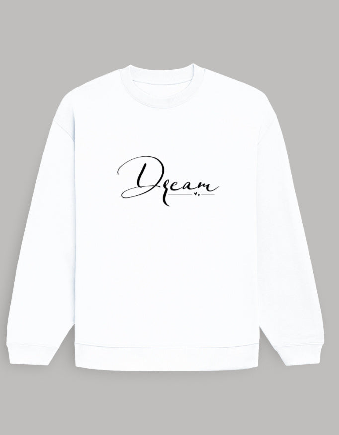 Minimal Oversized Women’s Sweatshirt – Dream Graphic Dark Edition sweatshirt oversized fit cotton fabric heavyweight fabric graphic print printed design detail view by HAViT Apparel