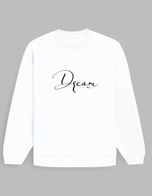 Minimal Oversized Women’s Sweatshirt – Dream Graphic Dark Edition sweatshirt oversized fit cotton fabric heavyweight fabric graphic print printed design detail view by HAViT Apparel