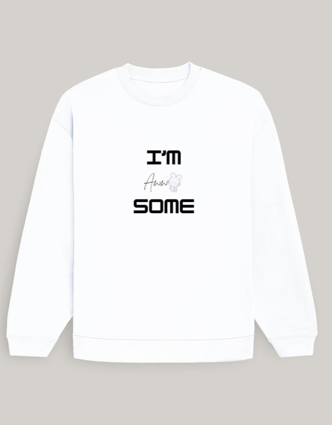 Cute Oversized Women’s Sweatshirt – I Am Aww-Some Dark Edition sweatshirt oversized fit cotton fabric heavyweight fabric graphic print printed design detail view by HAViT Apparel
