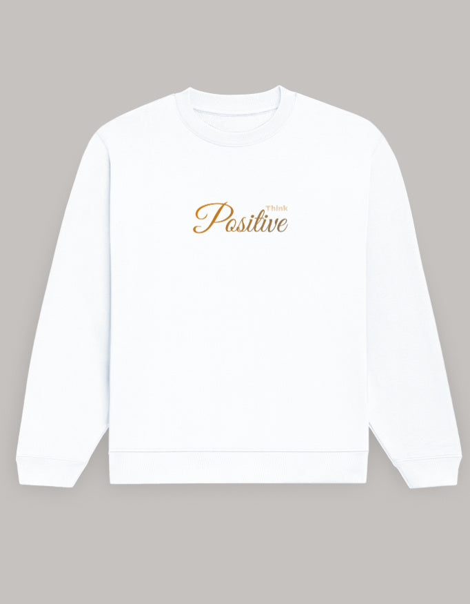 Think Positive Sweatshirt – Minimal Motivation Edition sweatshirt regular fit cotton fabric heavyweight fabric printed design detail view by HAViT Apparel