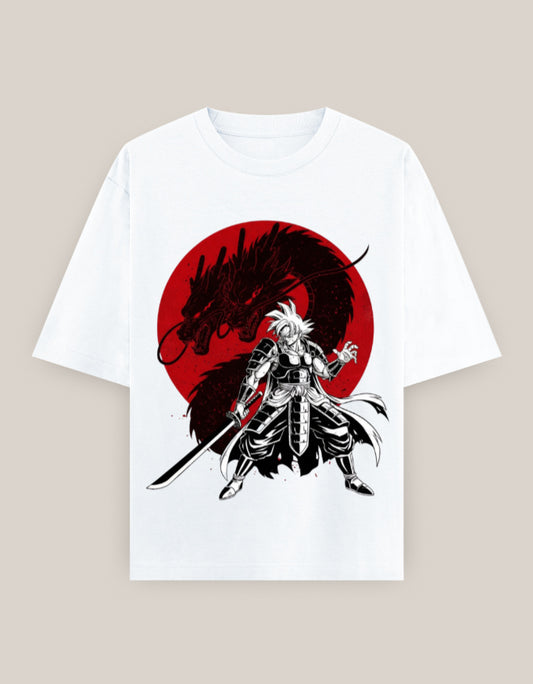 Samurai Dragon Oversized T-shirt oversized fit cotton fabric heavyweight fabric printed design detail view by HAViT Apparel