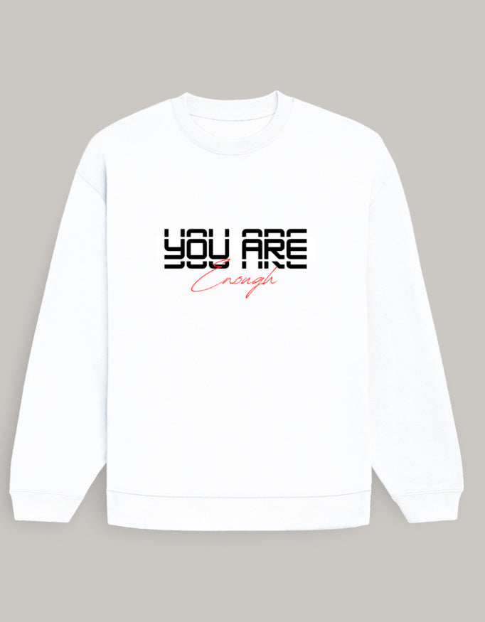 Women’s Oversized Sweatshirt – You Are Enough Graphic sweatshirt oversized fit cotton fabric heavyweight fabric graphic print detail view by HAViT Apparel