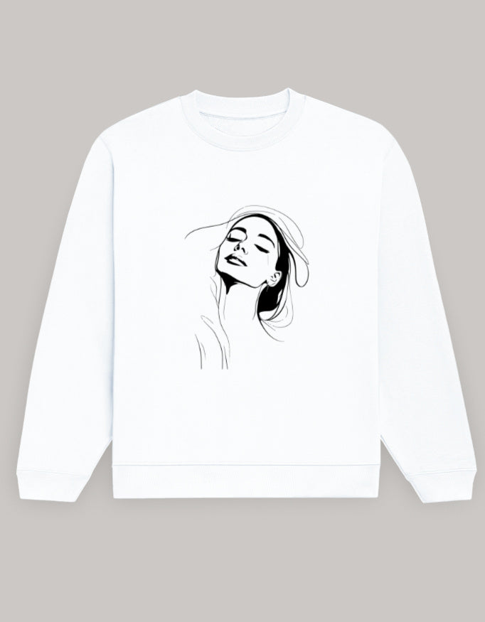 Women’s Regular Fit Sweatshirt with Elegant Outline Face Print-Dark Edition sweatshirt regular fit cotton fabric heavyweight fabric graphic print detail view by HAViT Apparel