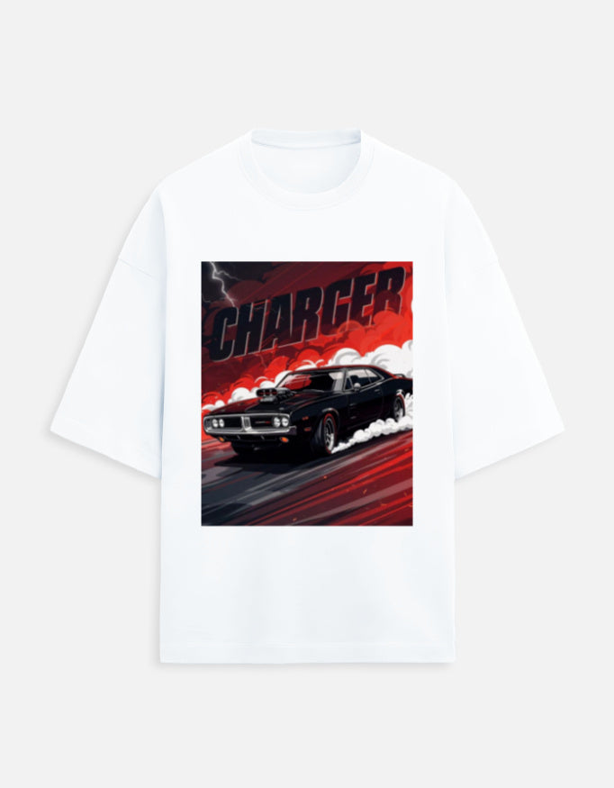 Crimson Charger Drift Oversized Terry Tshirt oversized fit cotton fabric heavyweight fabric graphic print printed design detail view by HAViT Apparel