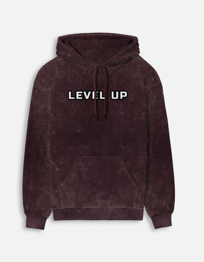 Level Up- Stone Washed Streetwear Hoodie hoodie acid washed cotton fabric heavyweight fabric detail view by HAViT Apparel