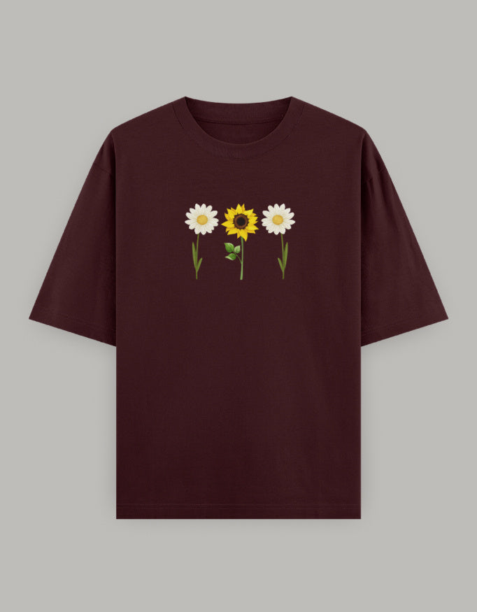 Sunny Daisy Floral Oversized Tee t-shirt oversized fit cotton fabric heavyweight fabric printed design detail view by HAViT Apparel