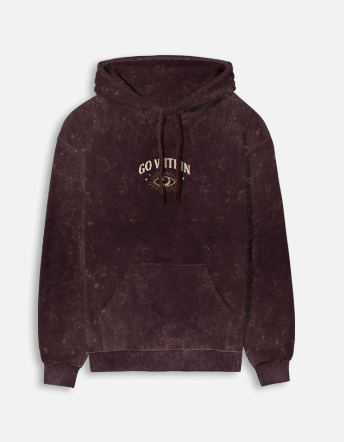 Go Within- Acid Washed Hoodie hoodie oversized fit acid washed cotton fabric heavyweight fabric printed design detail view by HAViT Apparel