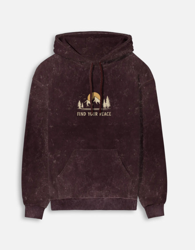 Find Your Peace- Acid Washed Hoodie hoodie oversized fit acid washed cotton fabric heavyweight fabric graphic print printed design detail view by HAViT Apparel