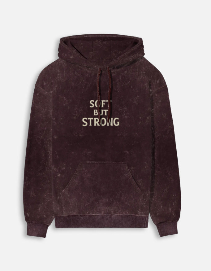 Soft But Strong- Acid Washed Hoodie hoodie oversized fit acid washed cotton fabric heavyweight fabric printed design detail view by HAViT Apparel
