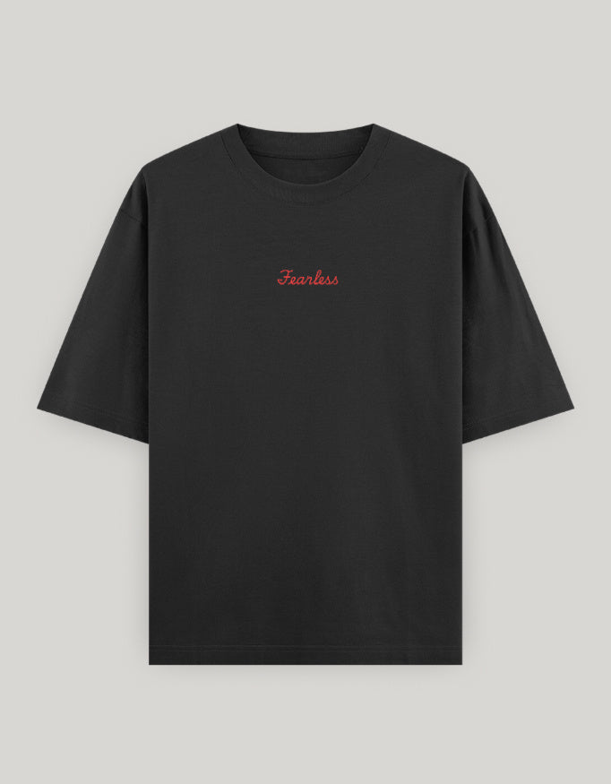 Fearless Attitude Women's Oversized Tee t-shirt oversized fit cotton fabric heavyweight fabric embroidered design detail view by HAViT Apparel