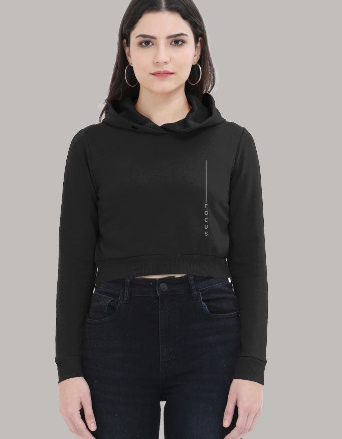 Focus Cropped Hoodie – Side Vertical Print hoodie cotton fabric heavyweight fabric printed design detail view by HAViT Apparel