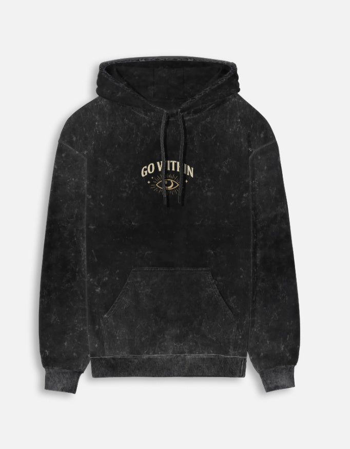 Go Within- Acid Washed Hoodie hoodie oversized fit acid washed cotton fabric heavyweight fabric printed design detail view by HAViT Apparel