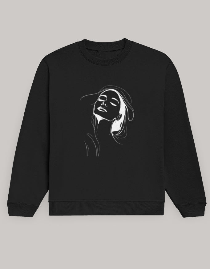 Women’s Regular Fit Sweatshirt with Elegant Outline Face Print sweatshirt regular fit cotton fabric heavyweight fabric graphic print detail view by HAViT Apparel