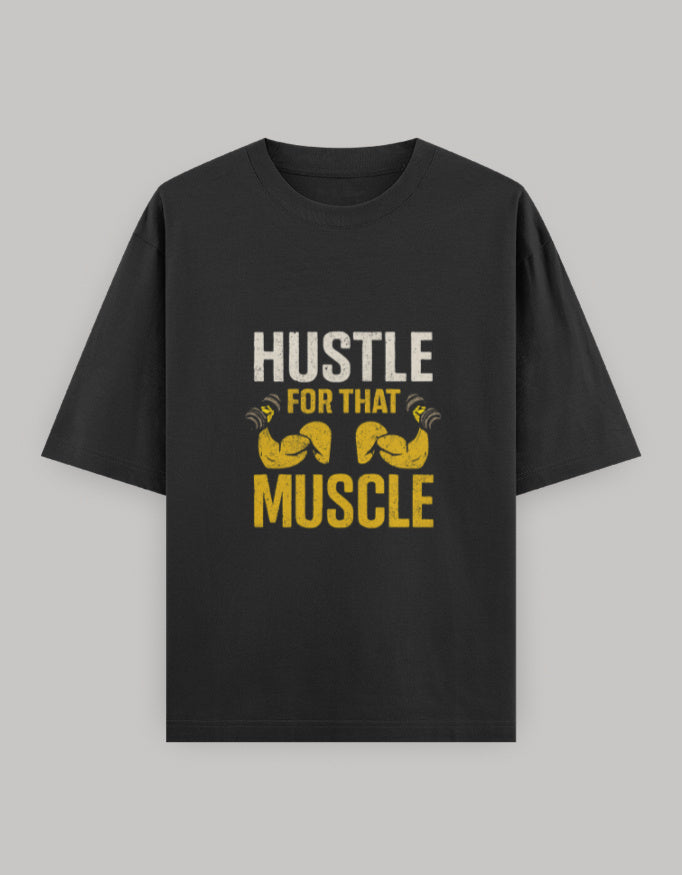 Muscle Hustle Oversize Dark Edition Tee oversized fit printed design detail view by HAViT Apparel