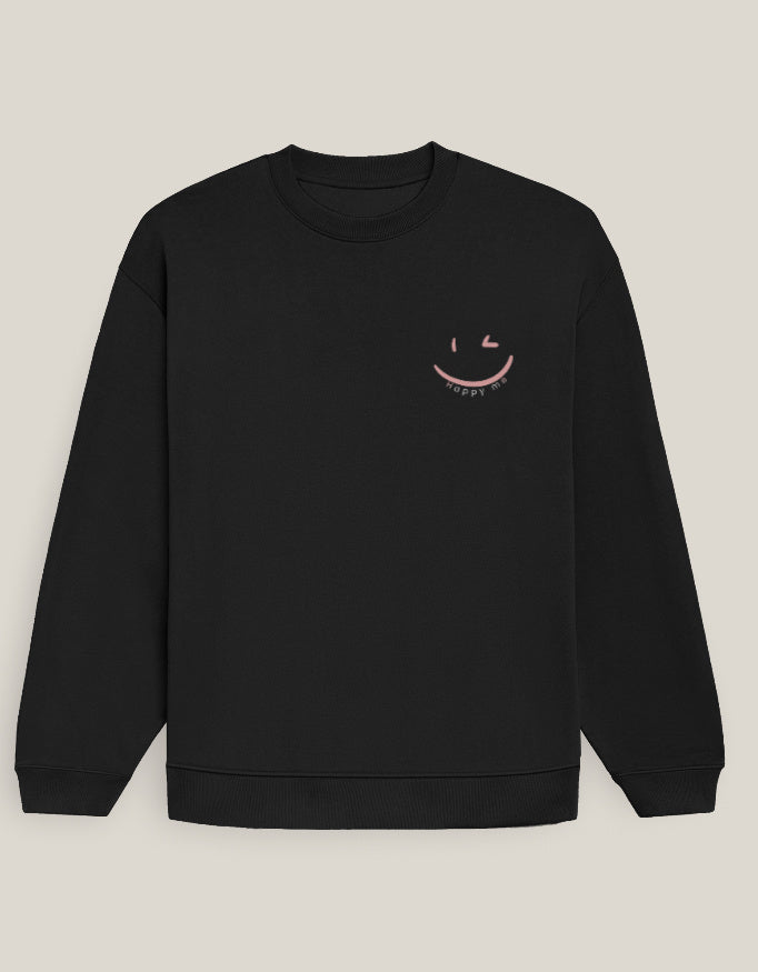 Happy Me Sweatshirt-Blackout Edition sweatshirt oversized fit cotton fabric heavyweight fabric printed design detail view by HAViT Apparel