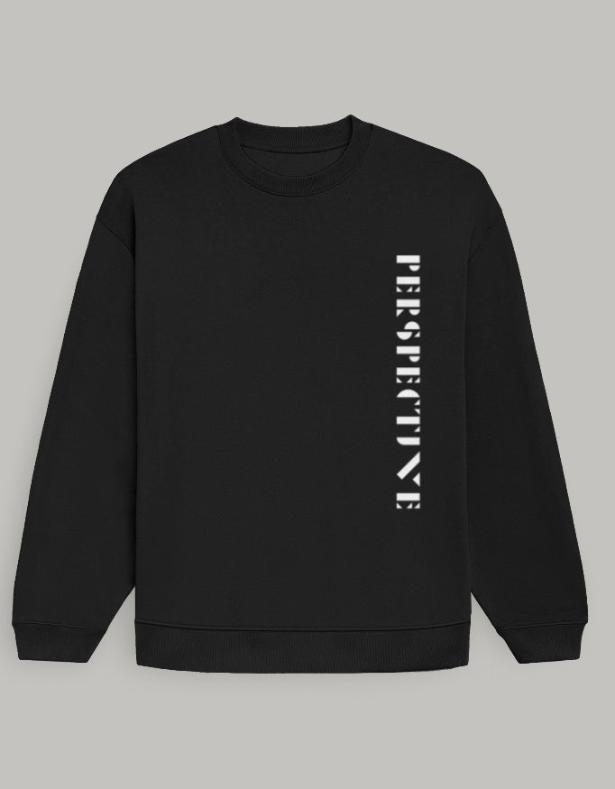 Oversized Men's Sweatshirt – Vertical Perspective Typography sweatshirt oversized fit cotton fabric heavyweight fabric graphic print printed design detail view by HAViT Apparel