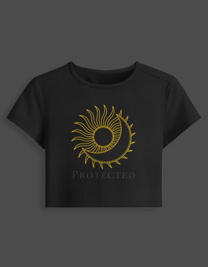 Celestial Guardian Baby Tee cotton fabric heavyweight fabric detail view by HAViT Apparel