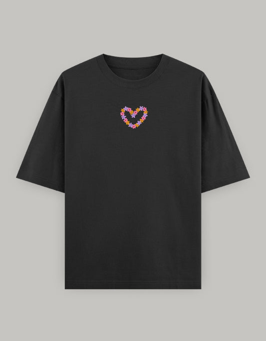 Floral Heart Statement Oversized T-Shirt t-shirt oversized fit cotton fabric heavyweight fabric embroidered design detail view by HAViT Apparel