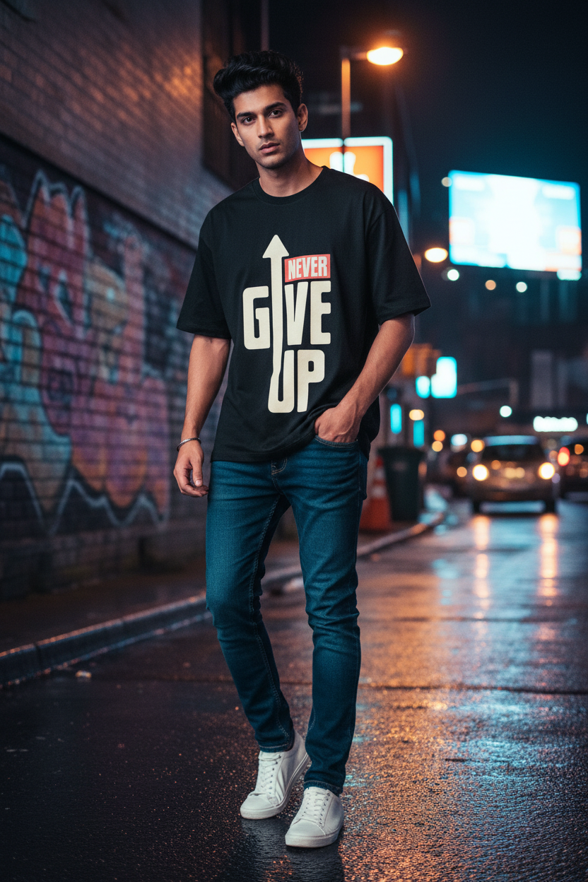 Never Give Up – Oversized Motivational T-Shirt