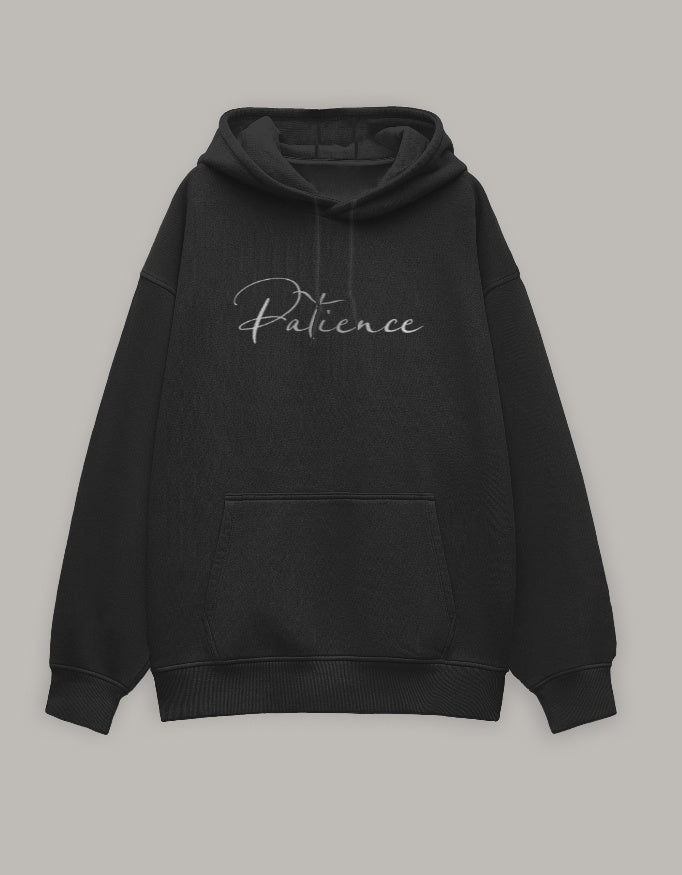 Patience Oversized Hoodie – Minimal Calm Edition hoodie oversized fit cotton fabric heavyweight fabric printed design detail view by HAViT Apparel