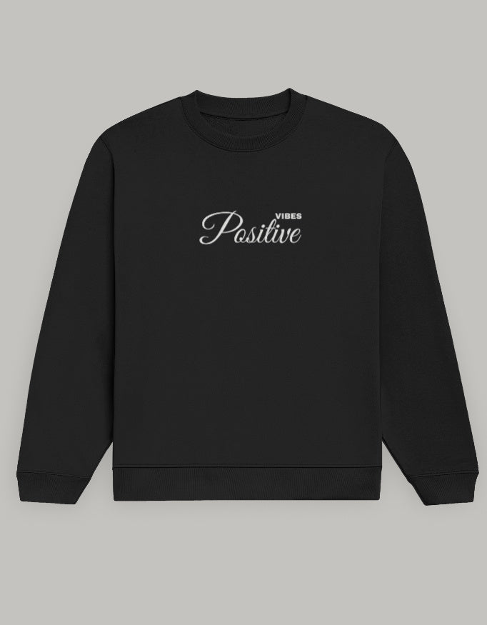 Positive Vibes Unisex Sweatshirt – Minimal Feel-Good Edition sweatshirt regular fit cotton fabric heavyweight fabric printed design detail view by HAViT Apparel