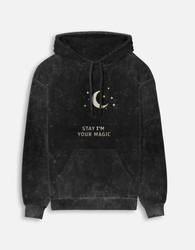 I'M Your Magic- Acid Washed Hoodie hoodie oversized fit acid washed cotton fabric heavyweight fabric graphic print printed design detail view by HAViT Apparel