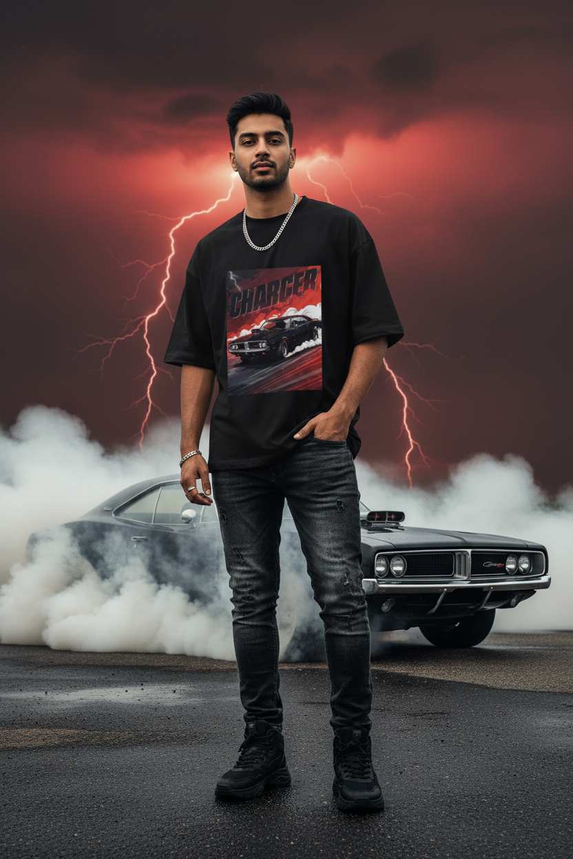 Crimson Charger Drift – Oversized Terry T-Shirt