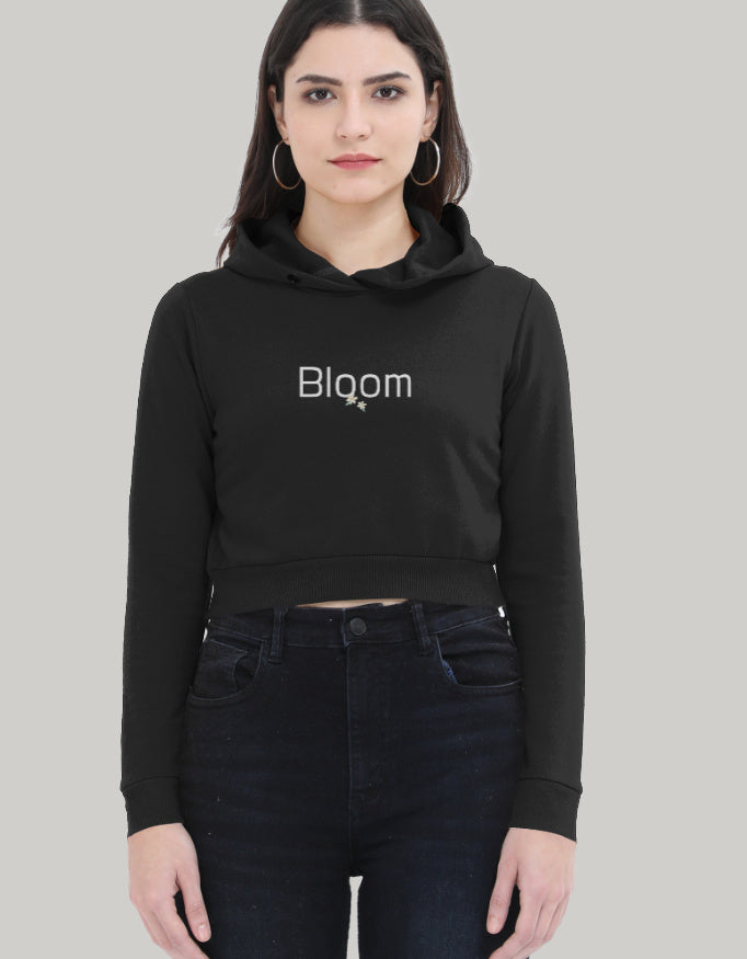 Women’s Bloom Crop Hoodie – Soft Fleece Streetwear hoodie cotton fabric heavyweight fabric graphic print printed design detail view by HAViT Apparel