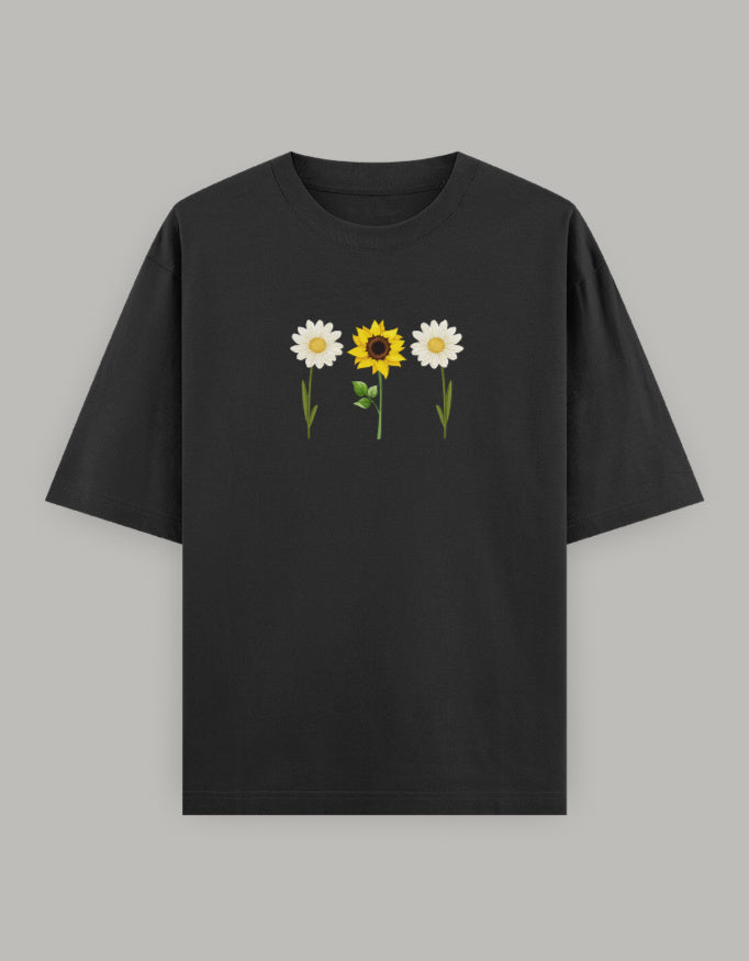 Sunny Daisy Floral Oversized Tee t-shirt oversized fit cotton fabric heavyweight fabric printed design detail view by HAViT Apparel