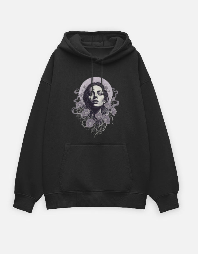 Dark Floral Oversized Hoodie hoodie oversized fit cotton fabric heavyweight fabric detail view by HAViT Apparel